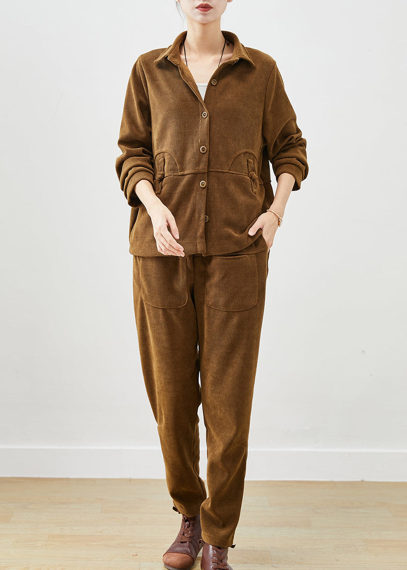 Khaki Chinese Button Warm Fleece Corduroy Sets 2 Pieces Winter