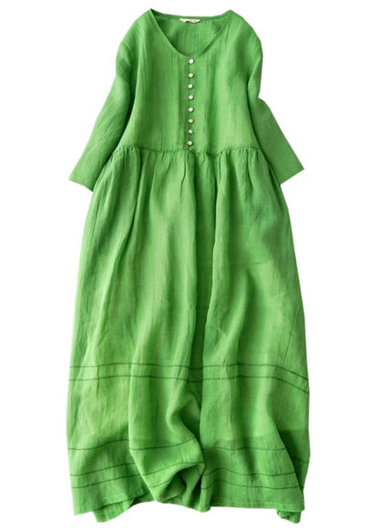 New Green V Neck Linen Long Dress Bracelet Sleeve