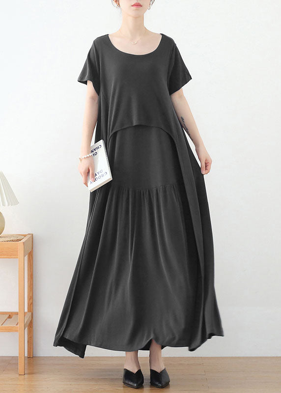 Grey O-neck Asymmetrical Design Long Dresses Short Sleeve