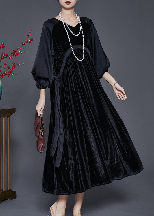 Black Oversized Patchwork Drawstring Silk Velour Dress Spring