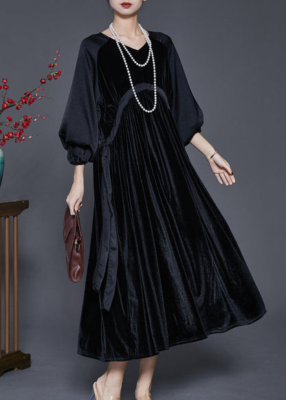 Black Oversized Patchwork Drawstring Silk Velour Dress Spring