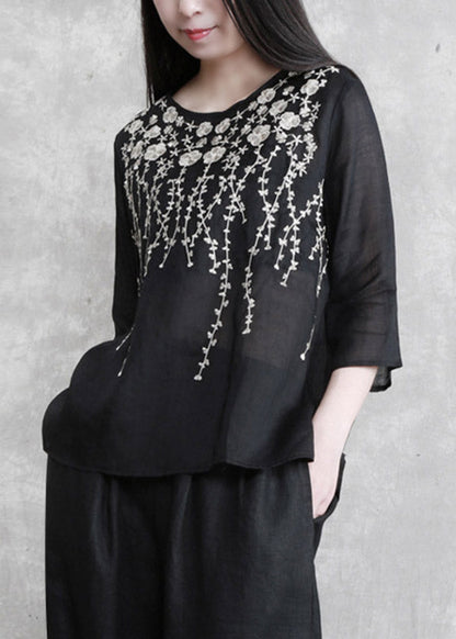 Black Embroideried Linen Top Three Quarter Sleeve