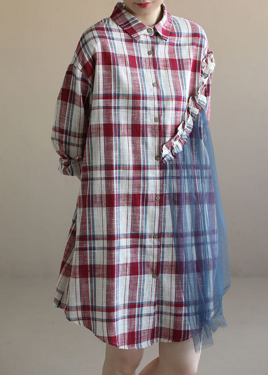 Red Plaid Ruffled Patchwork Tulle Cotton Linen Shirt Dress Long Sleeve