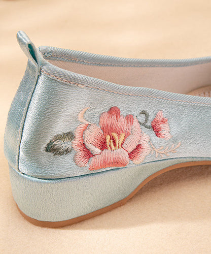 Light Blue Satin Embroideried Shoes Splicing Wedge Pointed Toe