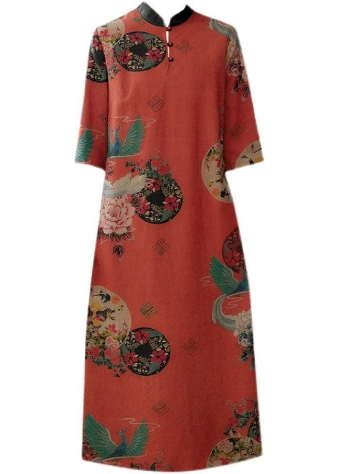 Red Stand Collar Print Silk a Line Dress Half Sleeve