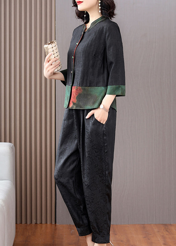 Fine Black Print Button Shirts and Crop Pants Silk Two Piece Set Fall