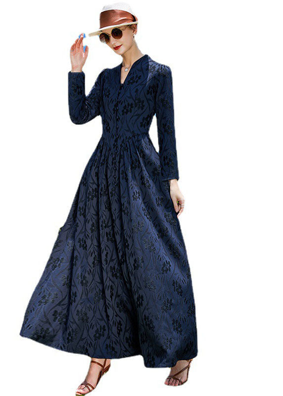 Navy V Neck Jacquard Wrinkled Silk a Line Dress Fall