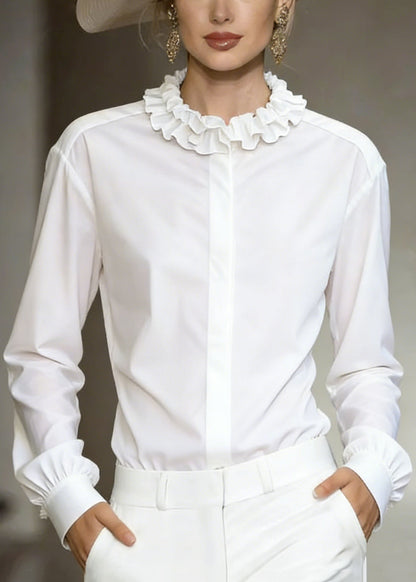 Stylish White Ruffled Button Cotton Shirt Tops Fall