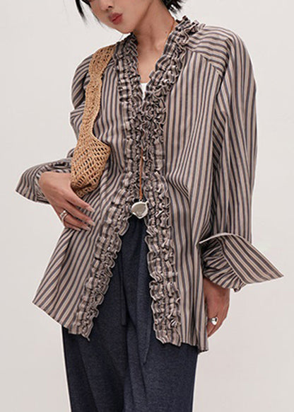 Original Design Striped V Neck Ruffled Cotton Shirt Fall