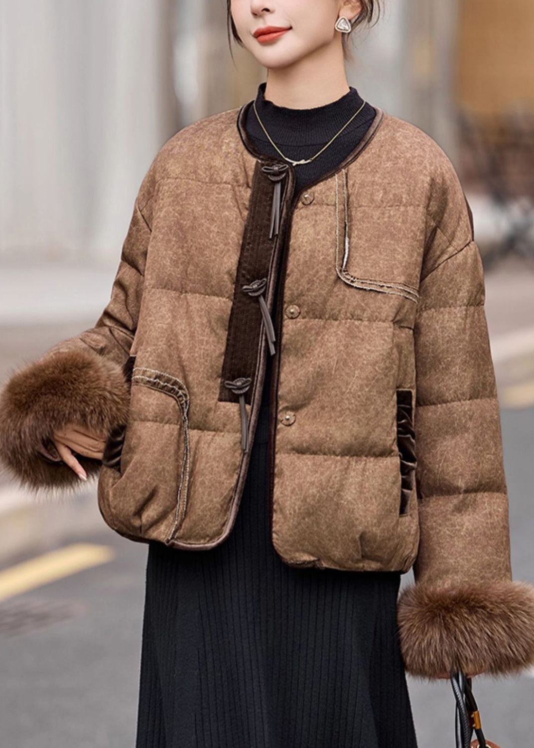New Coffee Fur Patchwork Duck Down Short Coat Winter