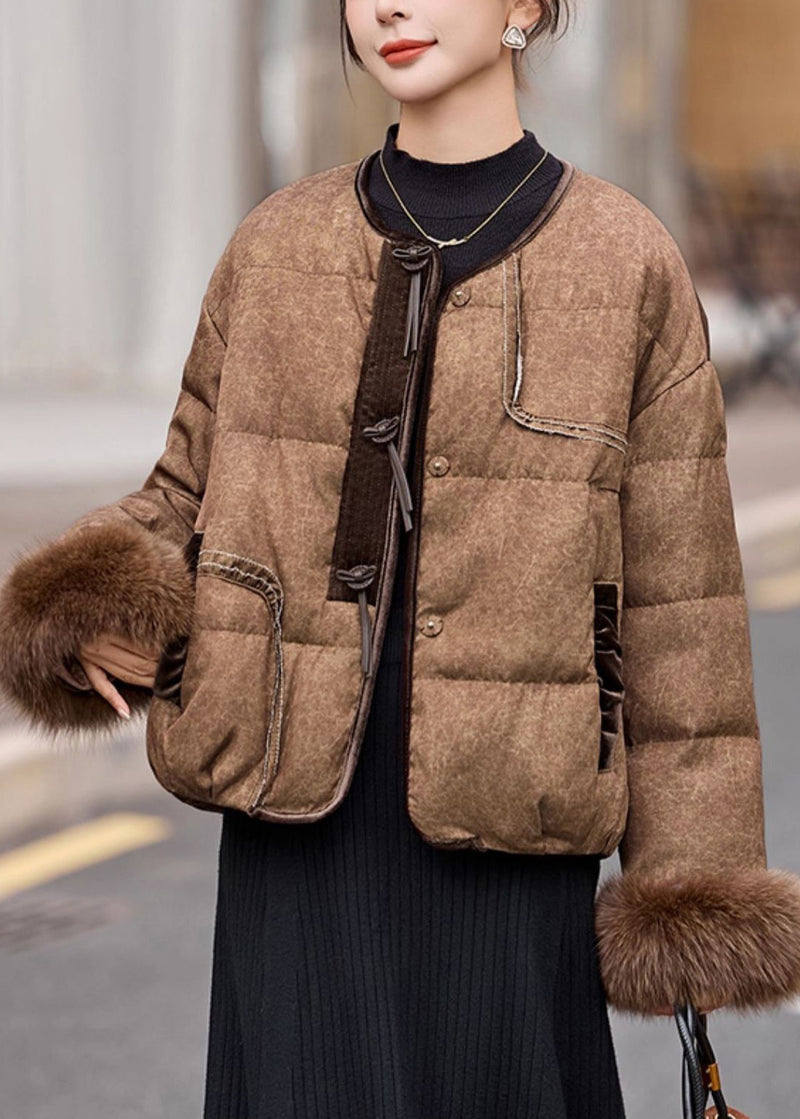 New Coffee Fur Patchwork Duck Down Short Coat Winter
