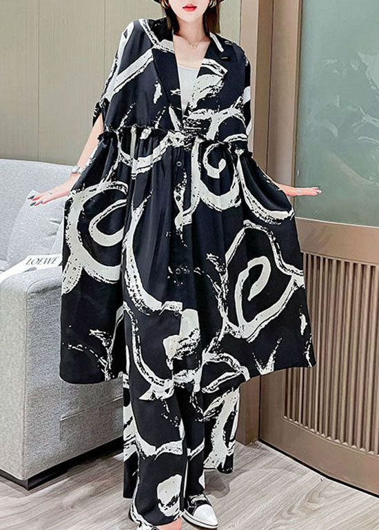 Handmade Black V Neck Cinched Print Silk Tops Wide Leg Pants Two Piece Set Outfits Spring