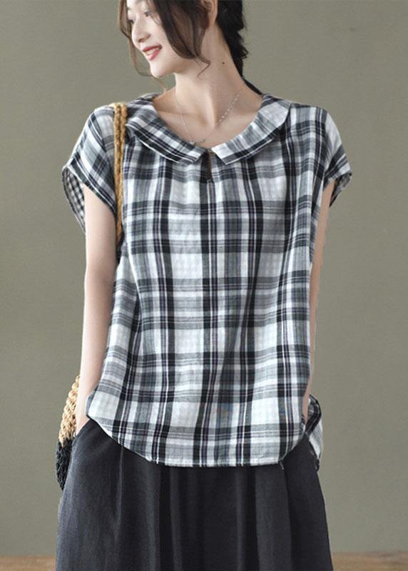 Black White Plaid Peter Pan Collar Cotton Shirts Summer