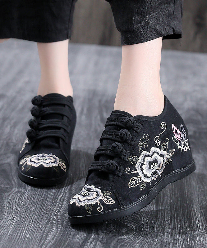 Black Cotton Fabric High Wedge Heels Shoes Embroideried Buckle Strap Flat Shoes for