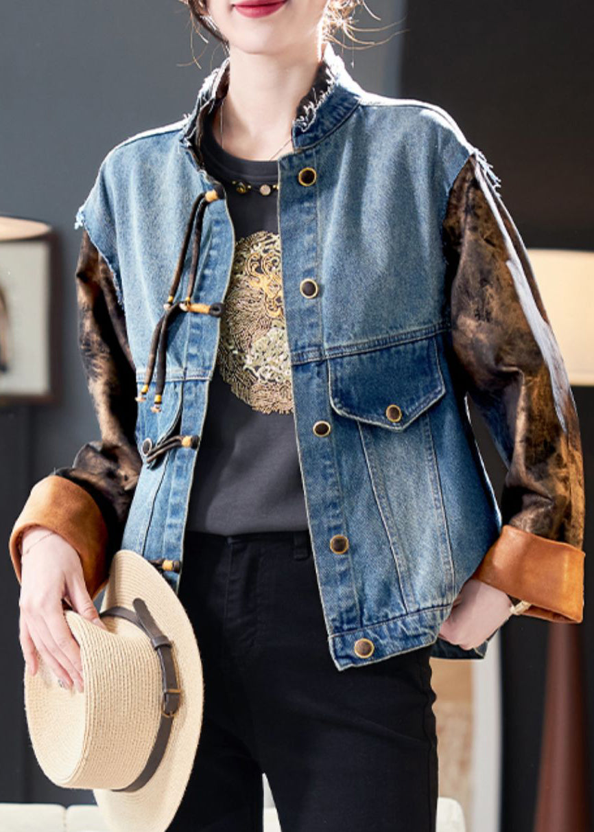 Blue Button Print Patchwork Denim Coat Spring