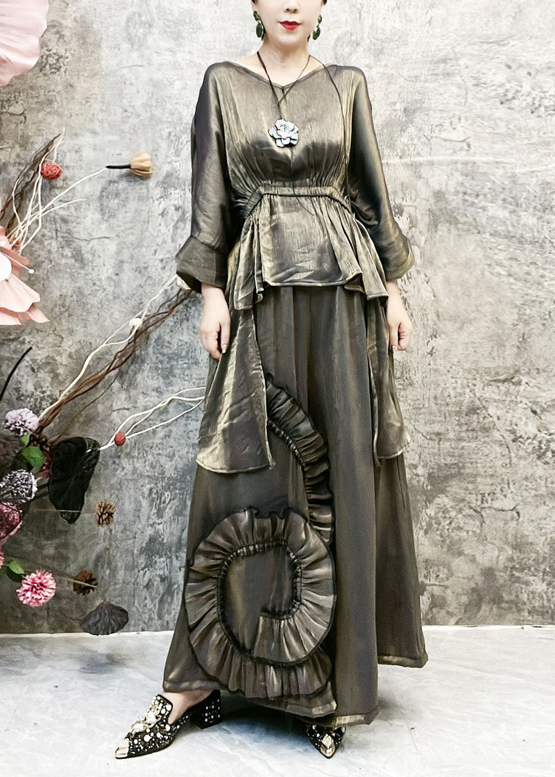 Asymmetrical Tops and Wide Leg Pants Silk Two Piece Suit Set Batwing Sleeve