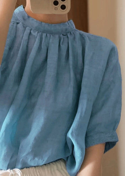 Japanese Style Blue O-neck Puff Sleeve Cotton T Shirt