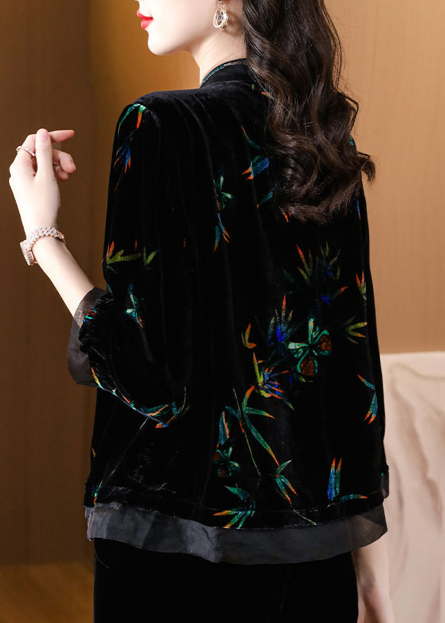 Black Stand Collar Print Silk Velour Shirts Spring
