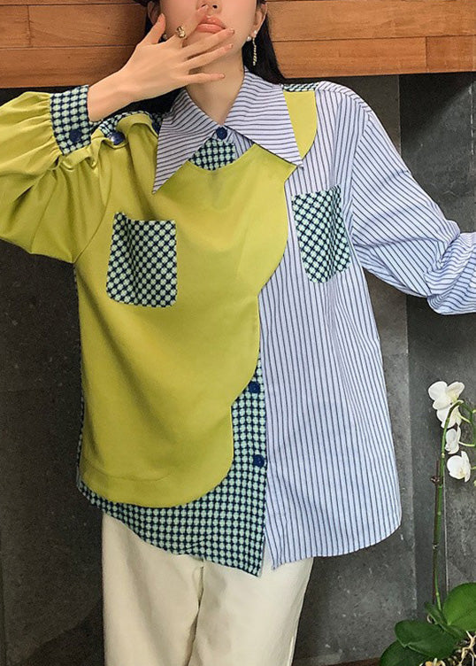 Peter Pan Collar Striped Patchwork Button Shirts Spring