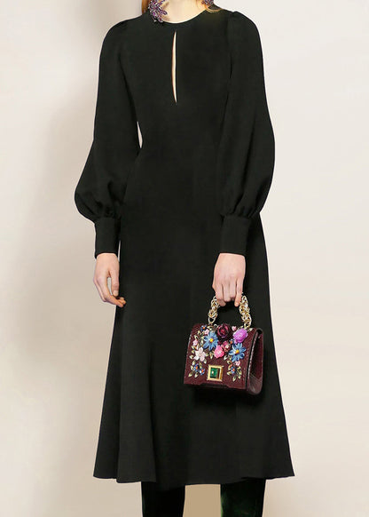 Black O-neck Cotton Dress Lantern Sleeve