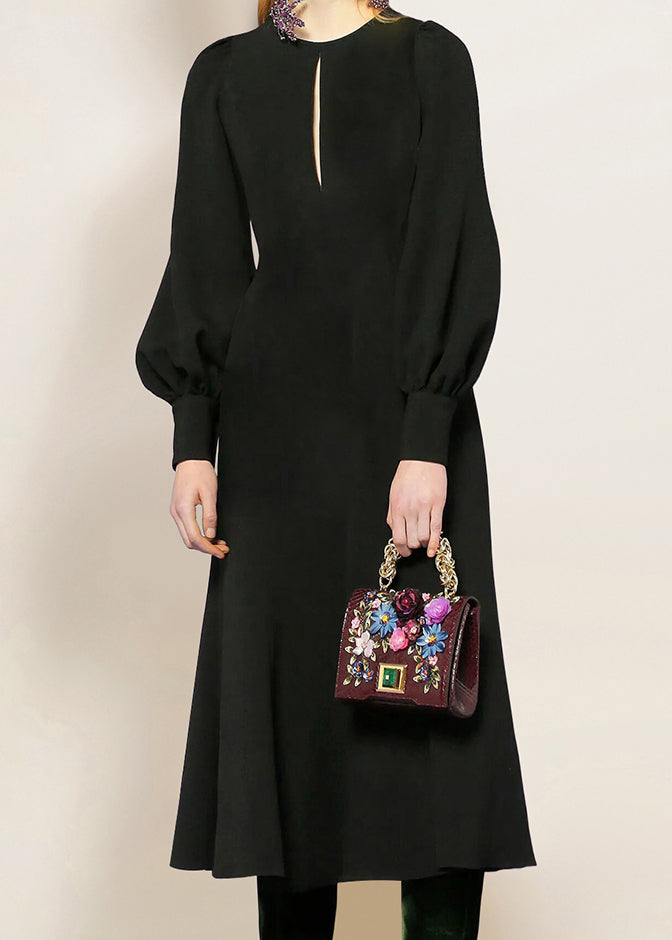 Black O-neck Cotton Dress Lantern Sleeve