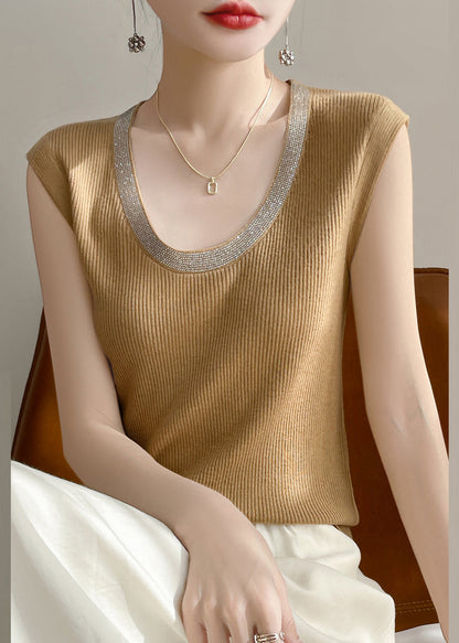 Yellow U Neck Patchwork Knit Tank Summer