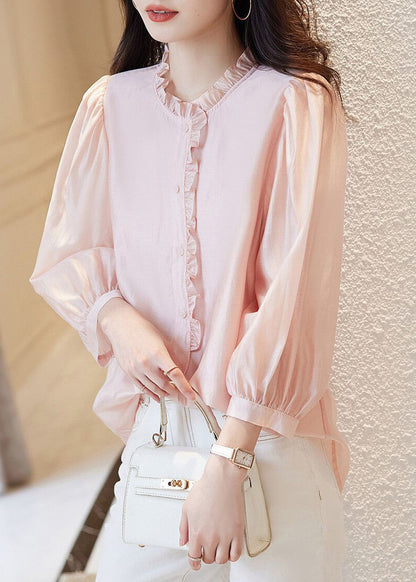 New Pink O-neck Ruffled Button Chiffon Tops Spring