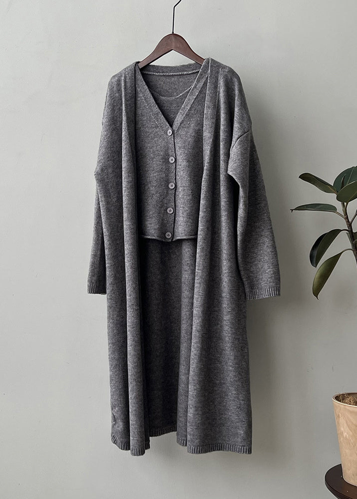 Loose Camel V Neck Tank and Cardigan Knit Two Piece Set Fall