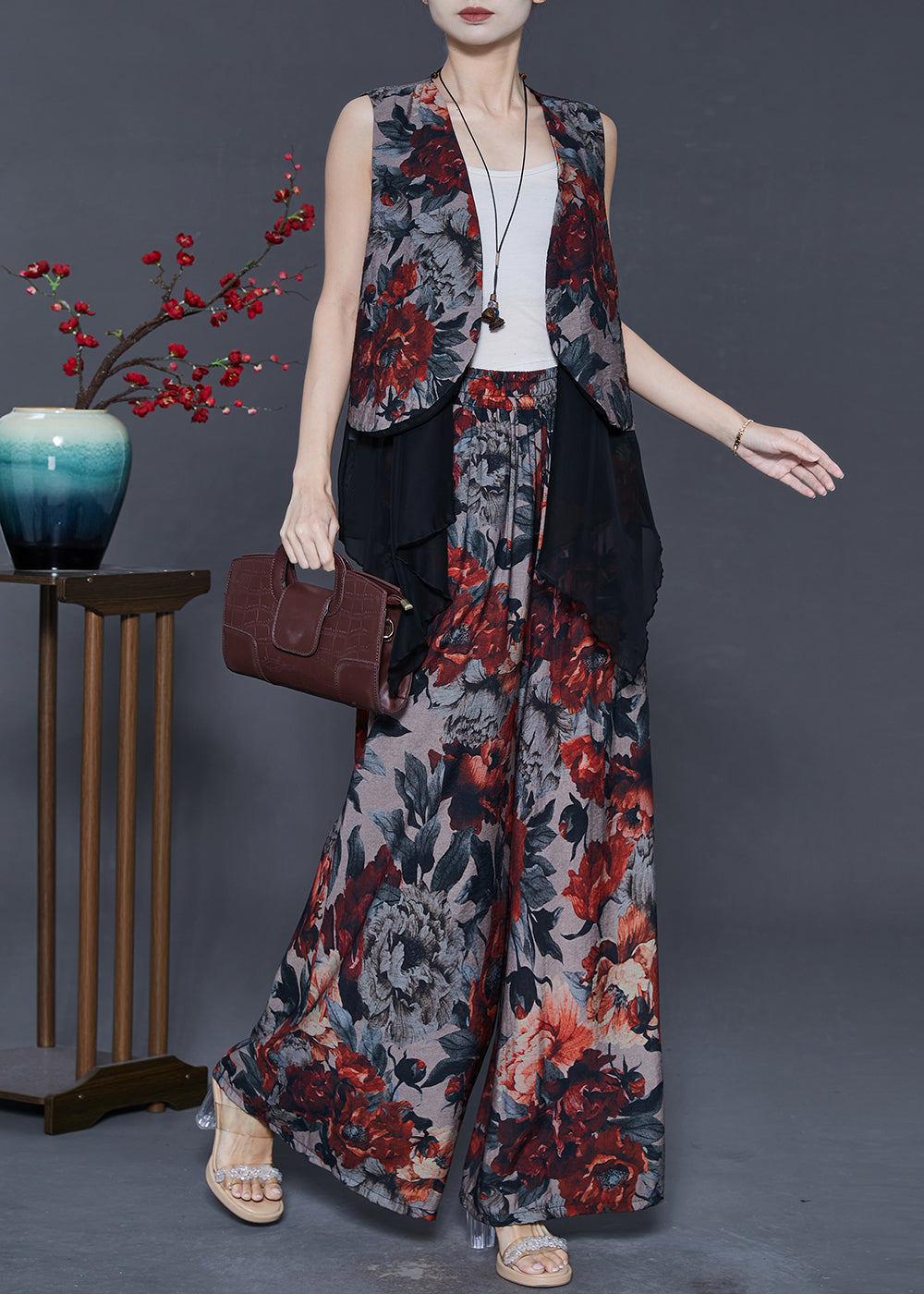 Red Print Patchwork Linen 2 Piece Outfit Summer