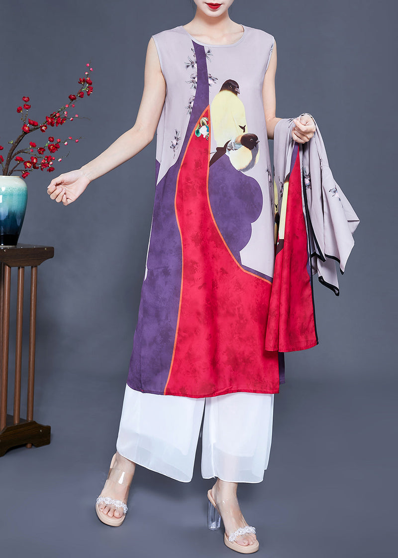 Unique Colorblock Oversized Print Silk Cardigans Two Pieces Set Spring
