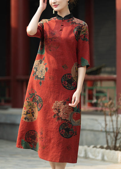 Red Stand Collar Print Pockets Silk Dresses Summer
