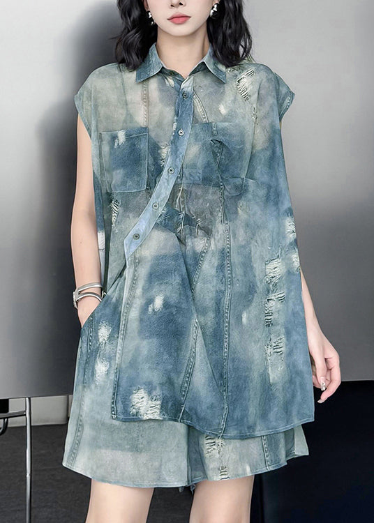 Blue Asymmetrical Side Open Shirt and Shorts Set