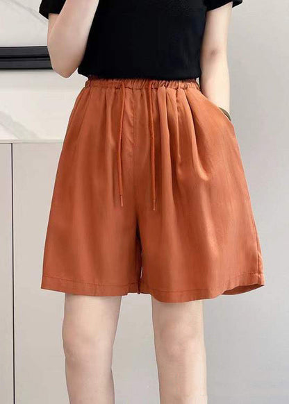 Simple Yellow Pockets Elastic Waist Cotton Shorts Summer