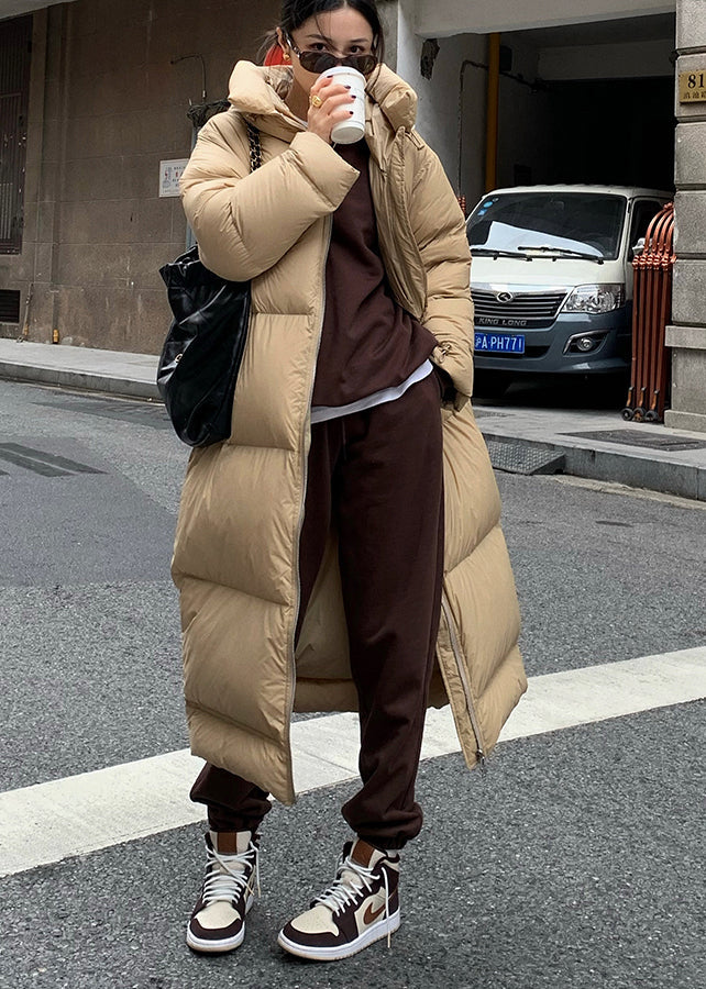 Khaki Zippered Pockets Hooded Duck Down Puffer Coat Winter