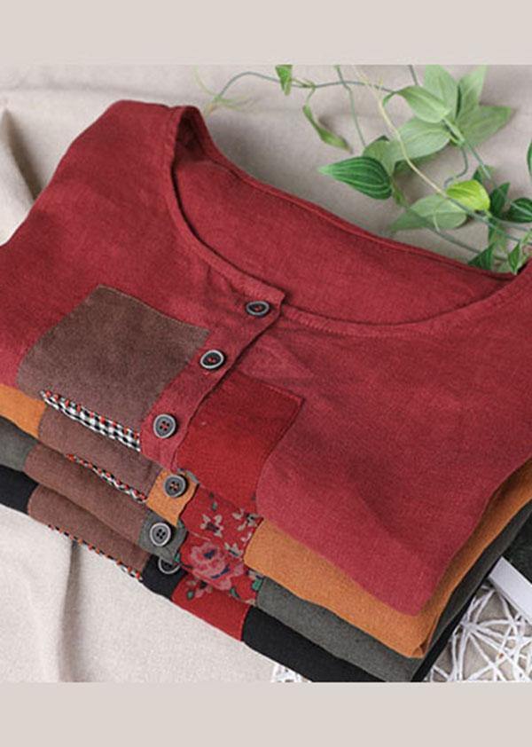 Organic Red Button Short Sleeve Cotton Linen Shirt Tops