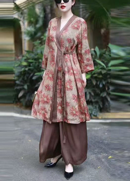 Coffee V Neck Print Lace Up Silk Cotton Two Pieces Set Fall