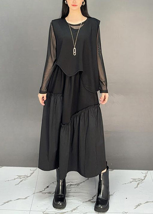 French Black Asymmetrical Ruffled Waistcoat and Skirts Two-piece Set Sleeveless