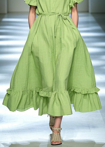Diy Grass Green Ruffled Exra Large Hem Cotton Tunic Dress Summer