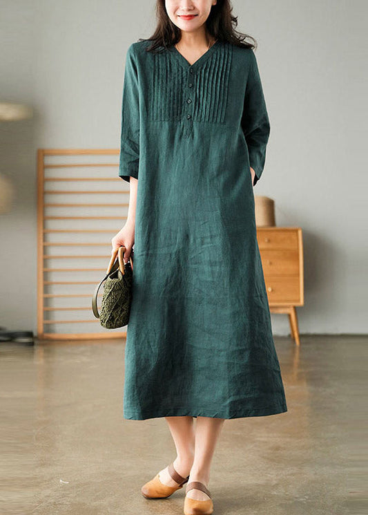 Blackish Green V Neck Linen Vacation Dresses Half Sleeve