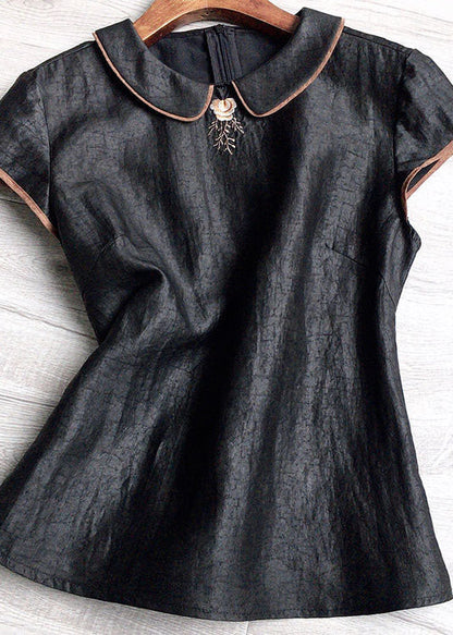Black Peter Pan Collar Embroideried Silk Tops Summer