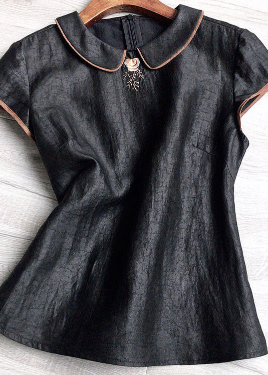 Black Peter Pan Collar Embroideried Silk Tops Summer