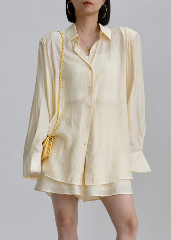 White Peter Pan Collar Shirts and Shorts Two Pieces Set Long Sleeve