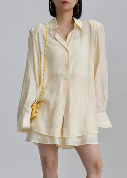 White Peter Pan Collar Shirts and Shorts Two Pieces Set Long Sleeve