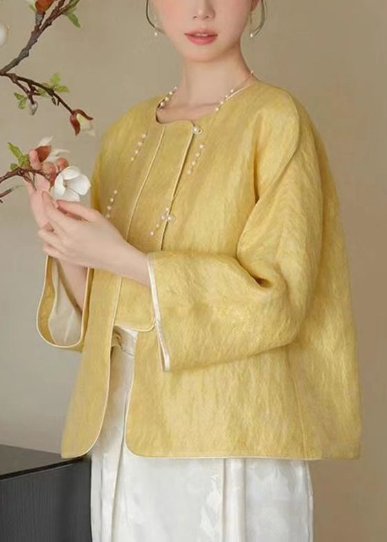 Loose Yellow O-neck Button Silk Coats Spring