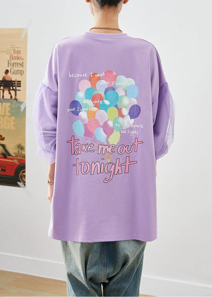 Art Purple Oversized Patchwork Cotton Pullover Fall