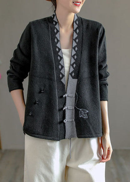 Art Beige V Neck Embroideried Asymmetrical Design Patchwork Fall Knit Sweaters