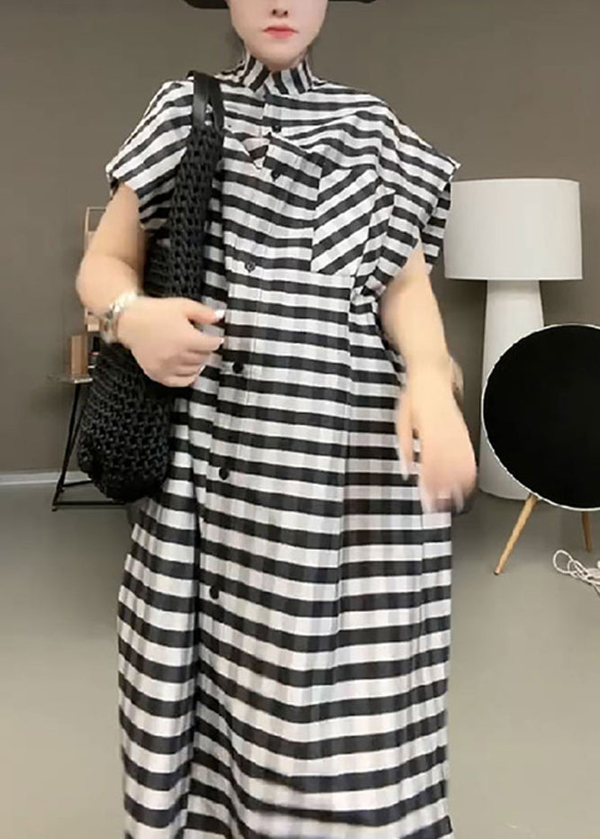 Black Striped Stand Collar Button Maxi Dress Short Sleeve