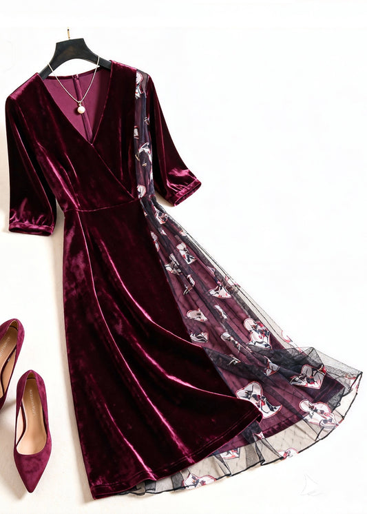 Wine Red Print Tulle Patchwork Silk Velvet Dress Summer