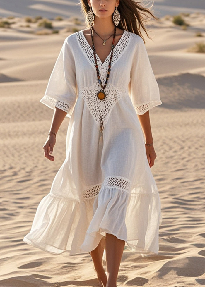 White V Neck Patchwork Lace Robe Dresses Summer