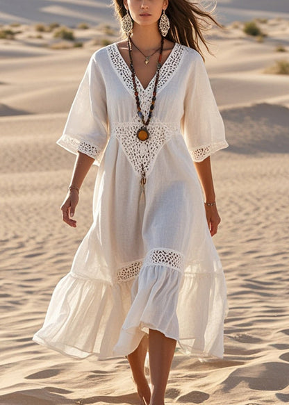 White V Neck Patchwork Lace Robe Dresses Summer